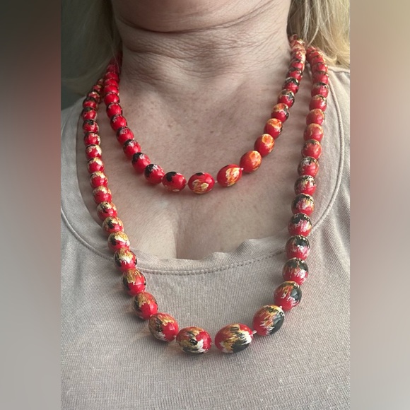 Jewelry - Vintage 80s Red Hand-Painted Opera Necklace & Clip Earrings Set